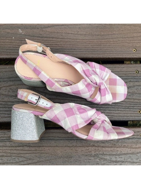 J. Crew Shoes - J. Crew JCrew Twisted Knot Penny Sandals Gingham Purple Silver Glitter Heel 8.5